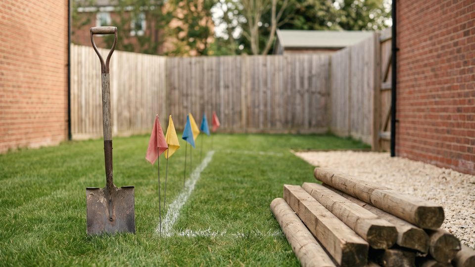 Colored utility marking flags and a white paint line in a grassy backyard, with a shovel standing in the lawn and a stack of fence posts