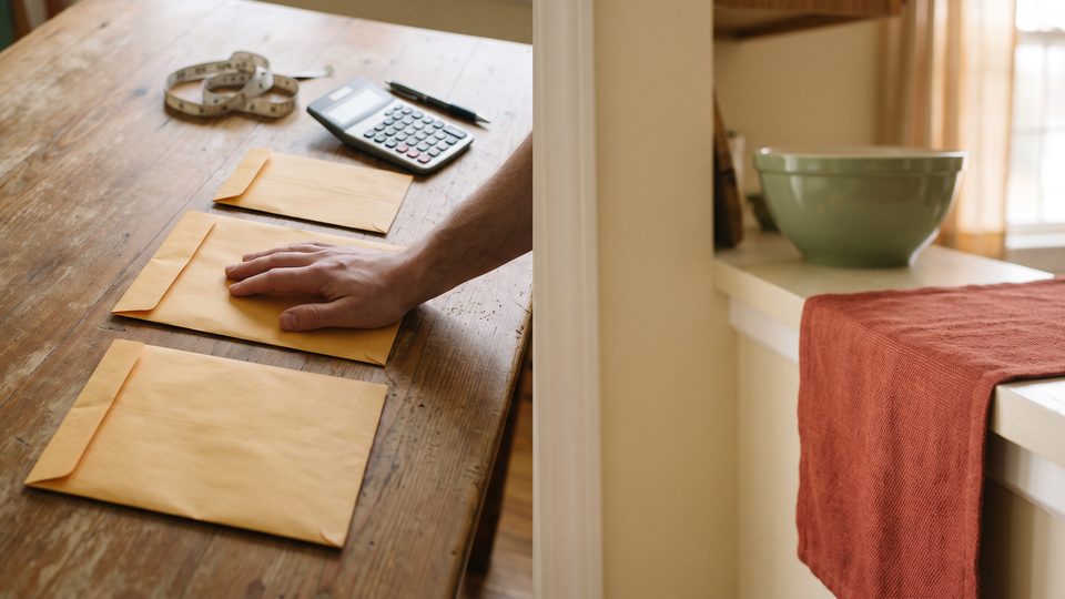 Hands lay three manila envelopes side by side on a wooden table next to a calculator and a coiled tape measure