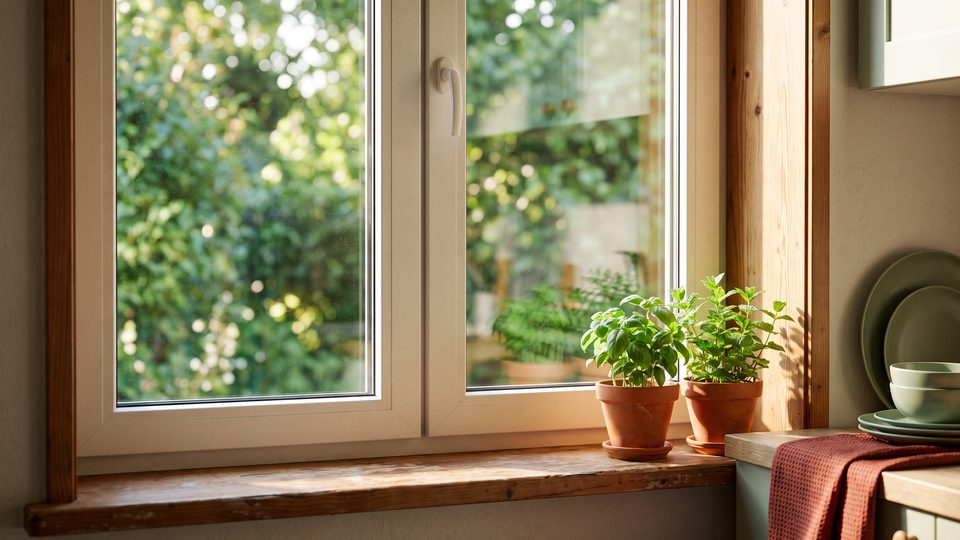 A clear double-pane window with a wood sill holding potted herbs, looking out on green trees