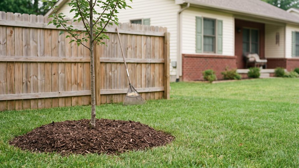 A young tree with a ring of fresh mulch in a green backyard by a wooden fence and a brick house