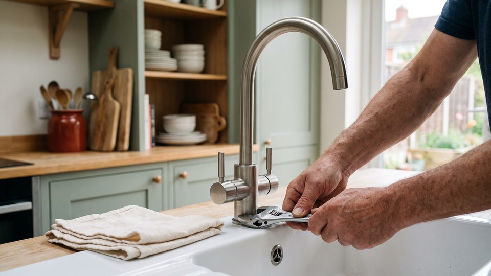 Hands tighten a new chrome kitchen faucet at a white sink with sage cabinets and open shelves