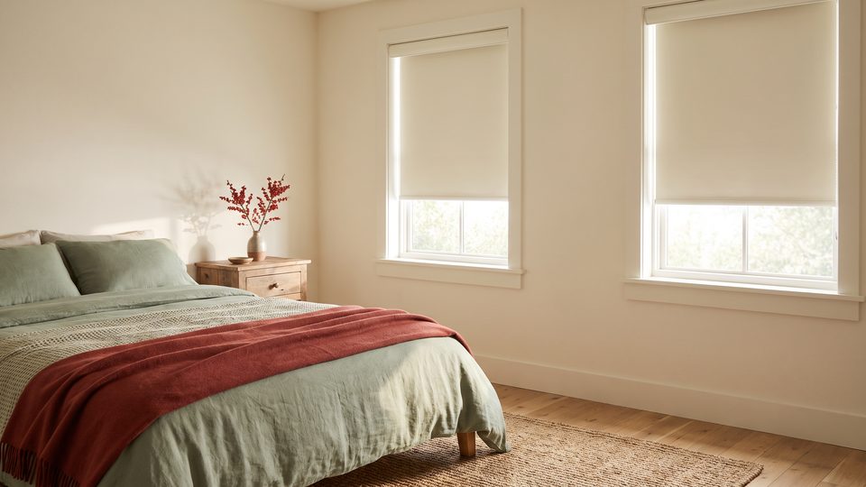 Two cream roller shades half lowered on bright bedroom windows above a bed with a sage and brick-red blanket