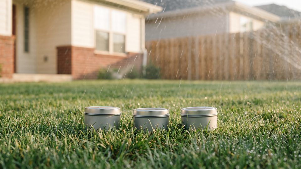 Three short open metal cans set in a row on a green lawn while a sprinkler waters the yard behind them