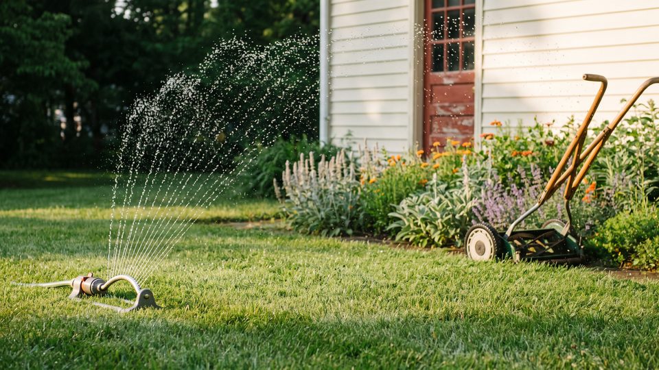 An oscillating sprinkler waters a green lawn beside a flower bed and a push mower in front of a cream house