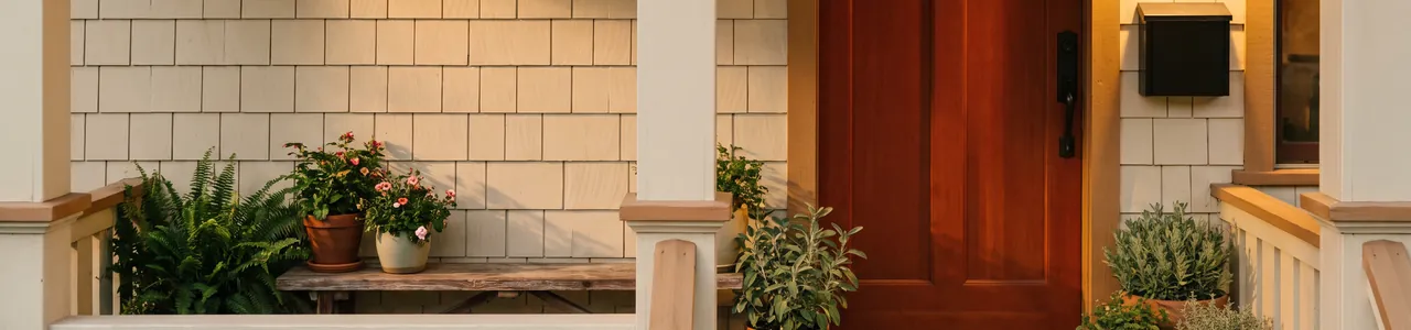 A front porch with a brick-red door, a wall mailbox, potted plants and a doormat