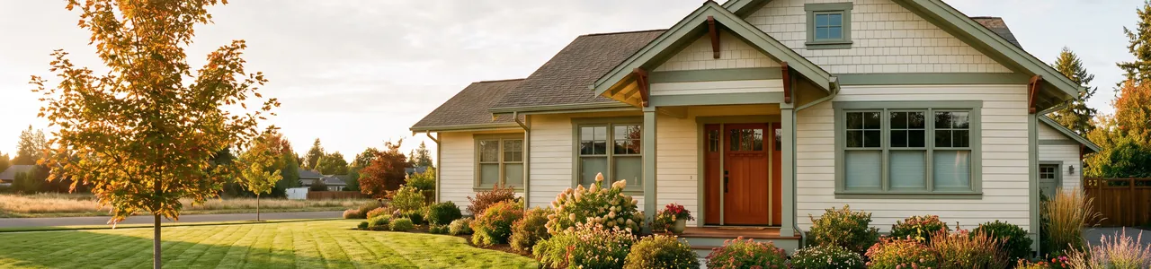 A cream craftsman house with a brick-red door, a trimmed lawn and an autumn tree at sunset