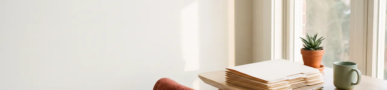 A quiet desk by a bright window with a stack of papers, a small plant and a mug